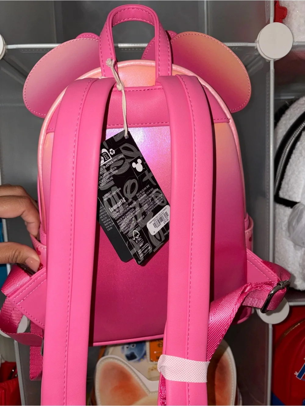 Loungefly Iridescent Pink Minnie Mouse Backpack with Confetti Bow
